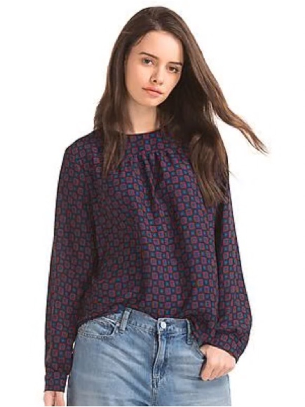 Gap Navy Blue Red Geometric Diamond Medallion Print Long Sleeve Blouse Top L